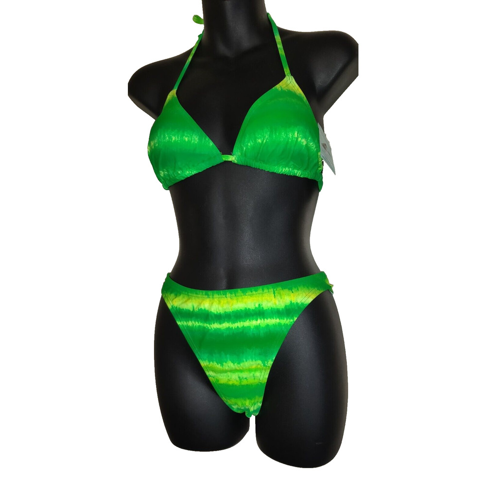 VTG Y2K No Boundaries String Bikini Womens Jrs M Neon Tie Dyed Green Yellow NWT